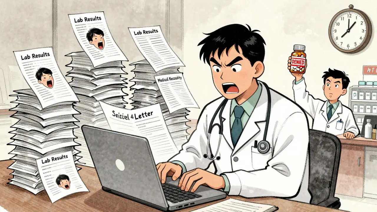 Doctor overwhelmed by paperwork towers with patient faces screaming inside each document.