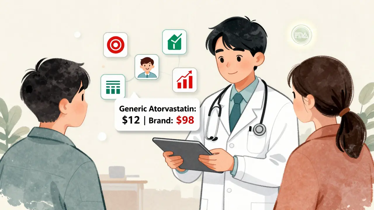 Doctor showing drug price comparison on tablet to patient, with icons of cost savings and adherence rising.