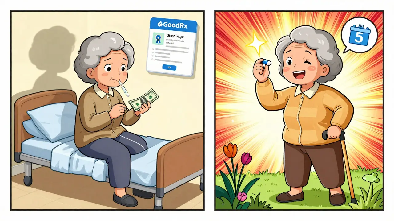 Elderly woman skipping insulin versus taking affordable generic medication, with hospital and garden shadows.