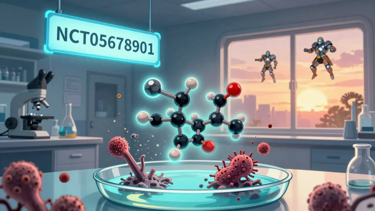 Molecules of PPI and antifungal teaming up in a lab to destroy resistant fungi under a clinical trial banner.