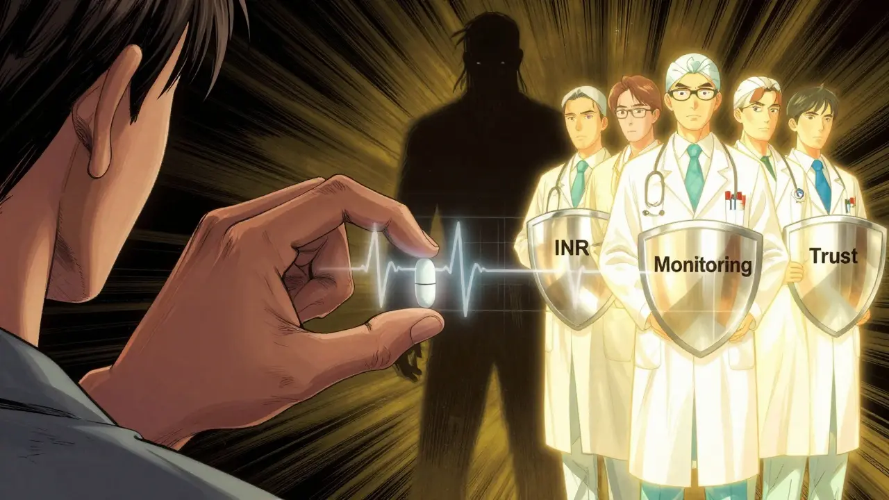 Patient holds generic pill as digital vital signs fluctuate, surrounded by a supportive medical team.