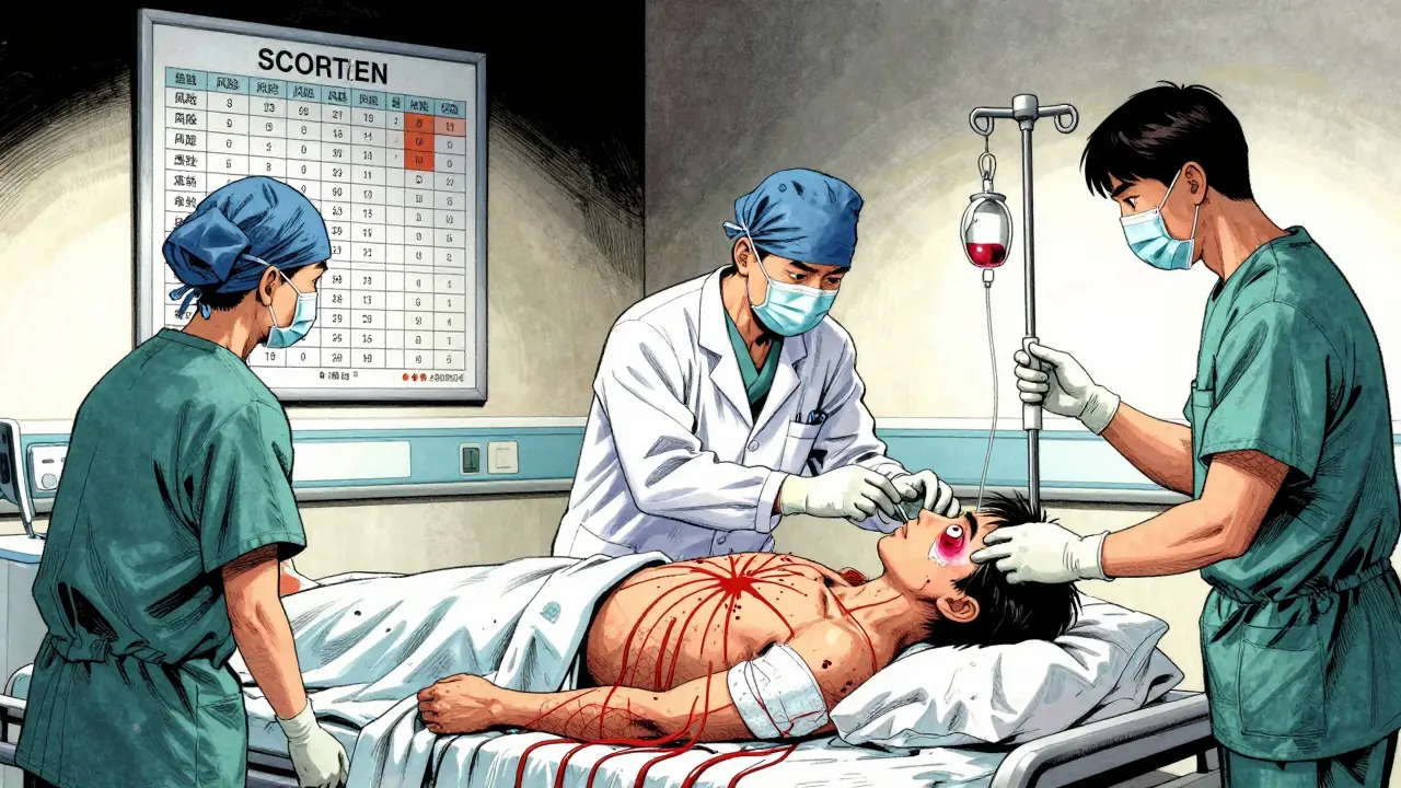 Patient in burn unit receiving care, doctors examining eyes and administering IV fluids, manhua style.