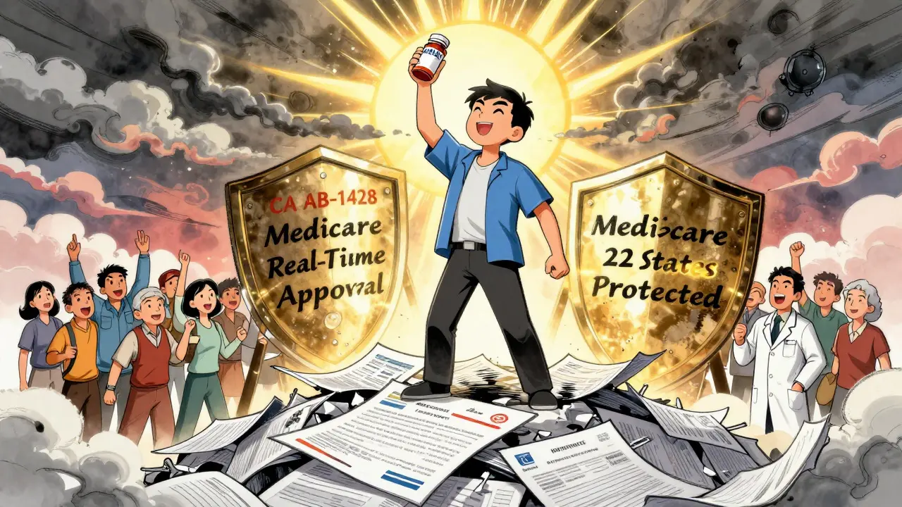 Patient standing tall on shredded forms, sunlight breaking through laws protecting NTI drug access.