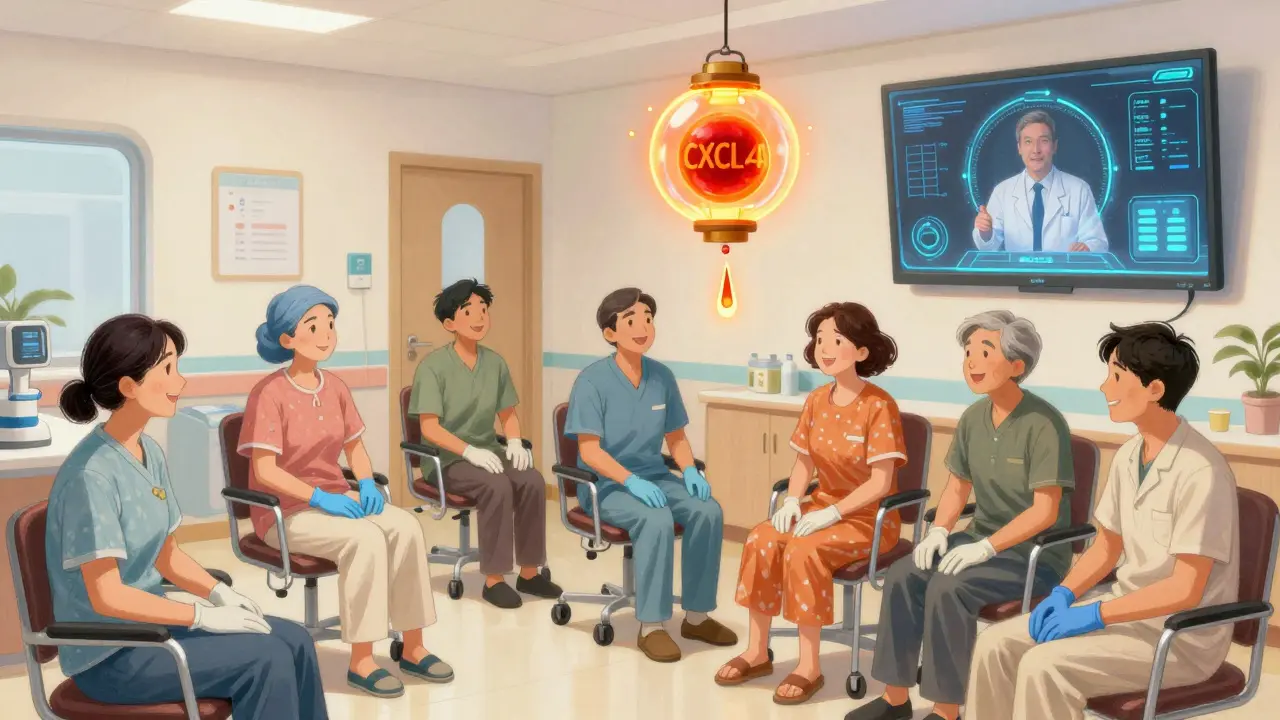 Patients at a scleroderma center using adaptive tools, with a glowing biomarker and telemedicine screen above.