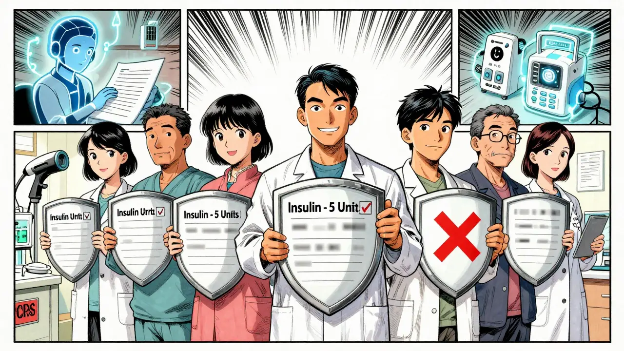 Patients holding medication lists in a clinic, with AI scanning documents and smart devices in the background, illustrated in Chinese manhua style.