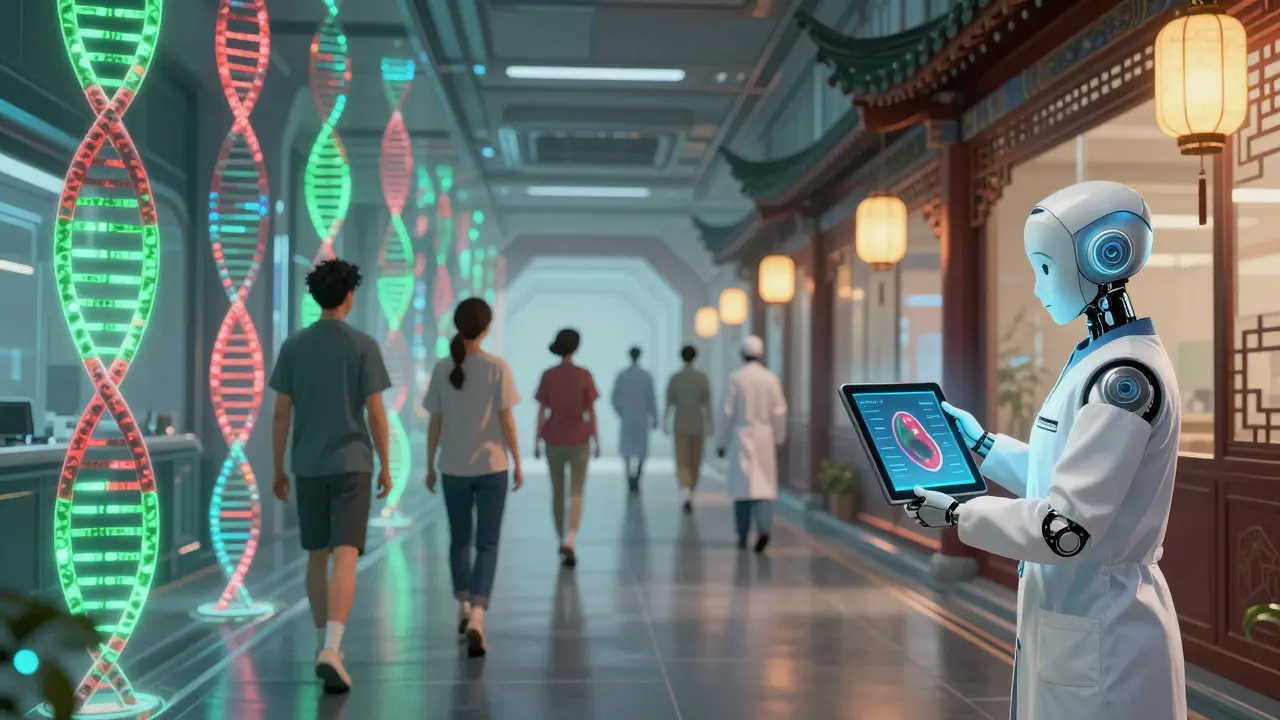 Patients walking past floating ctDNA signals in a clinic blending traditional and futuristic medical design.