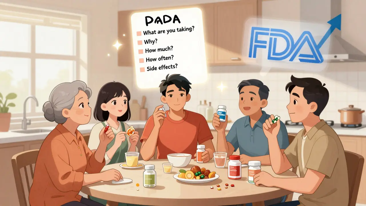 People at kitchen table with supplement bottles, floating checklist guiding them to disclose use to doctors.