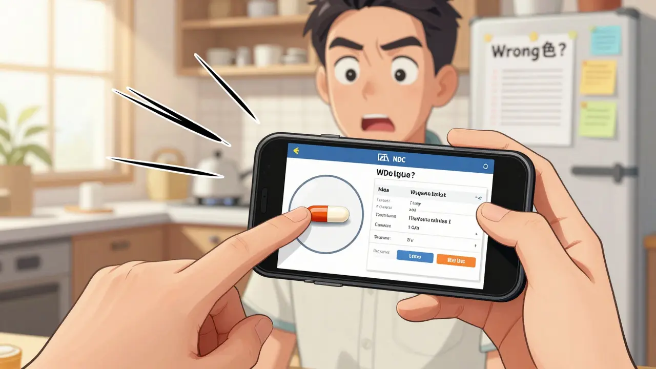 Person using phone to magnify pill and compare it to digital FDA label in kitchen.