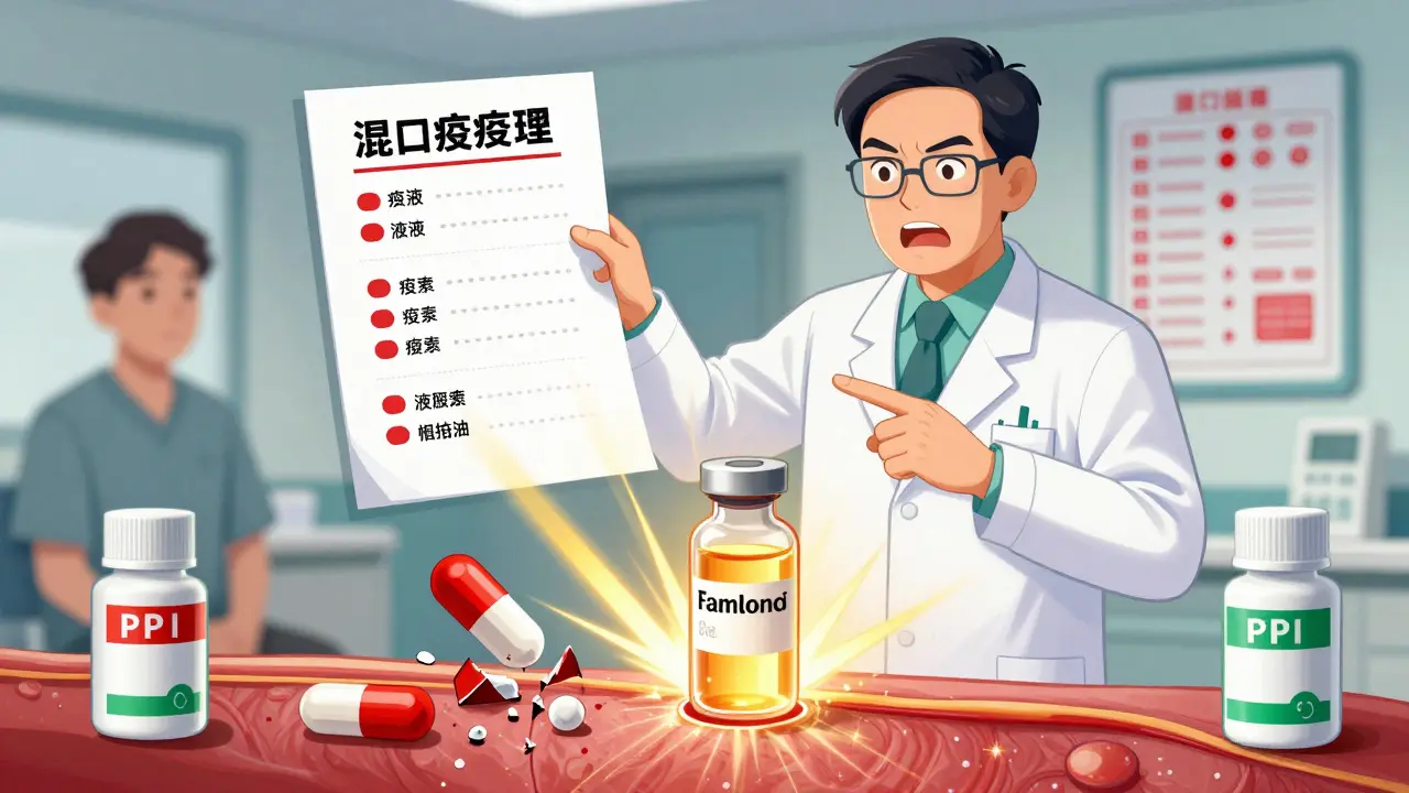 Pharmacist comparing itraconazole capsule and liquid form with absorption rays and warning labels.