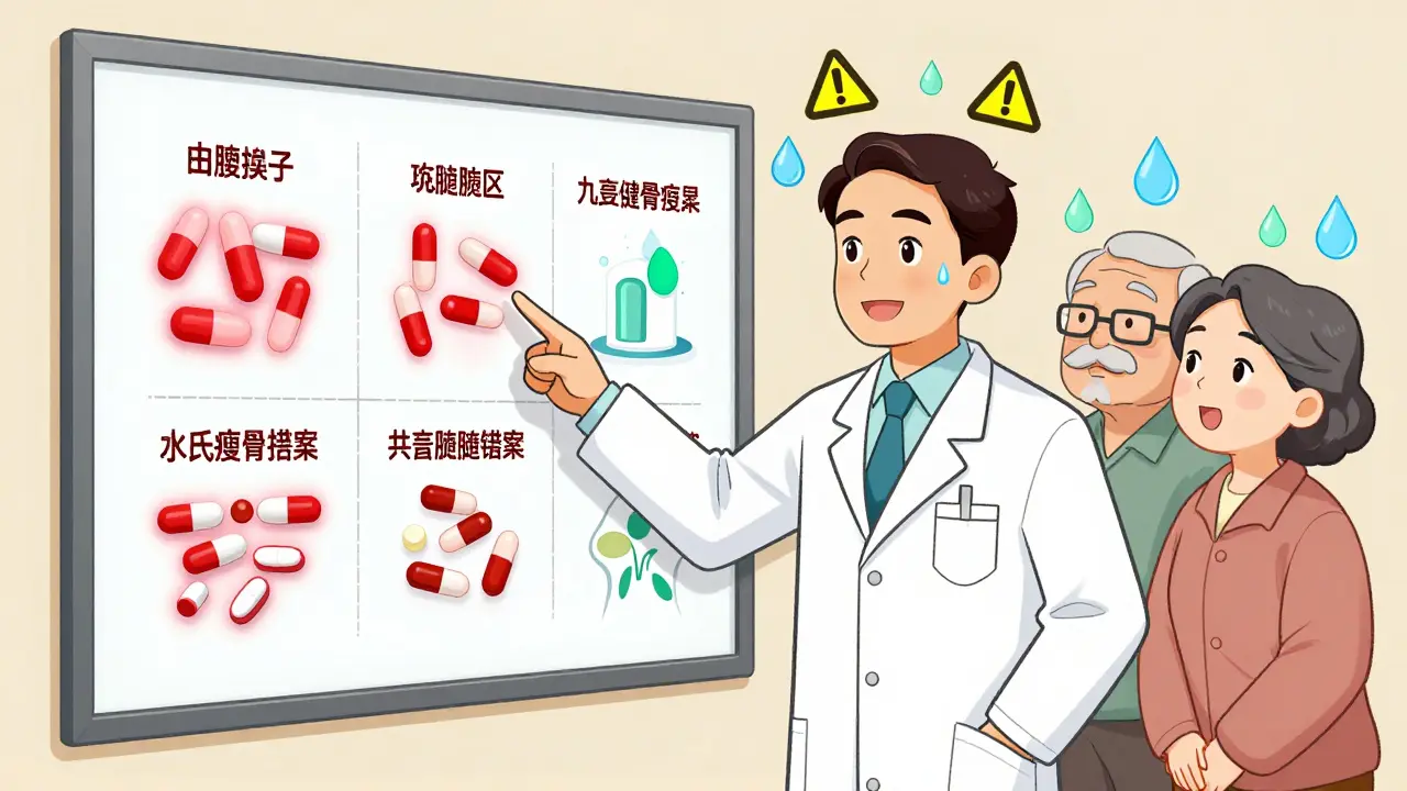 Pharmacist explaining heat-risk medications on a chart with senior and caregiver.