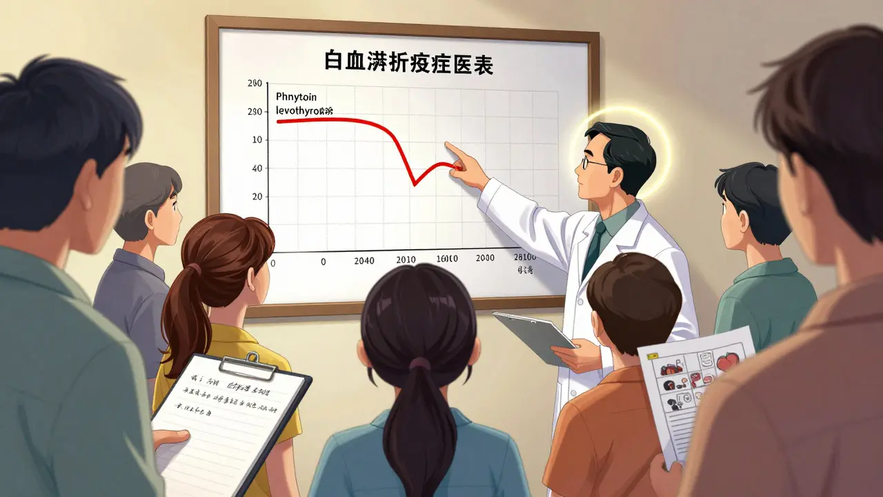 Pharmacist teaches patients about NTI drug monitoring using a detailed blood level chart.
