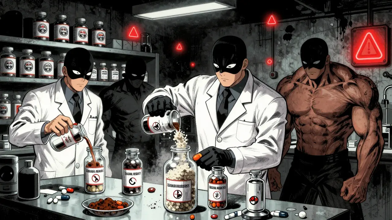Secret lab mixing hidden drugs into herbal capsules labeled 'Natural Weight Loss' and 'Sexual Enhancement'.
