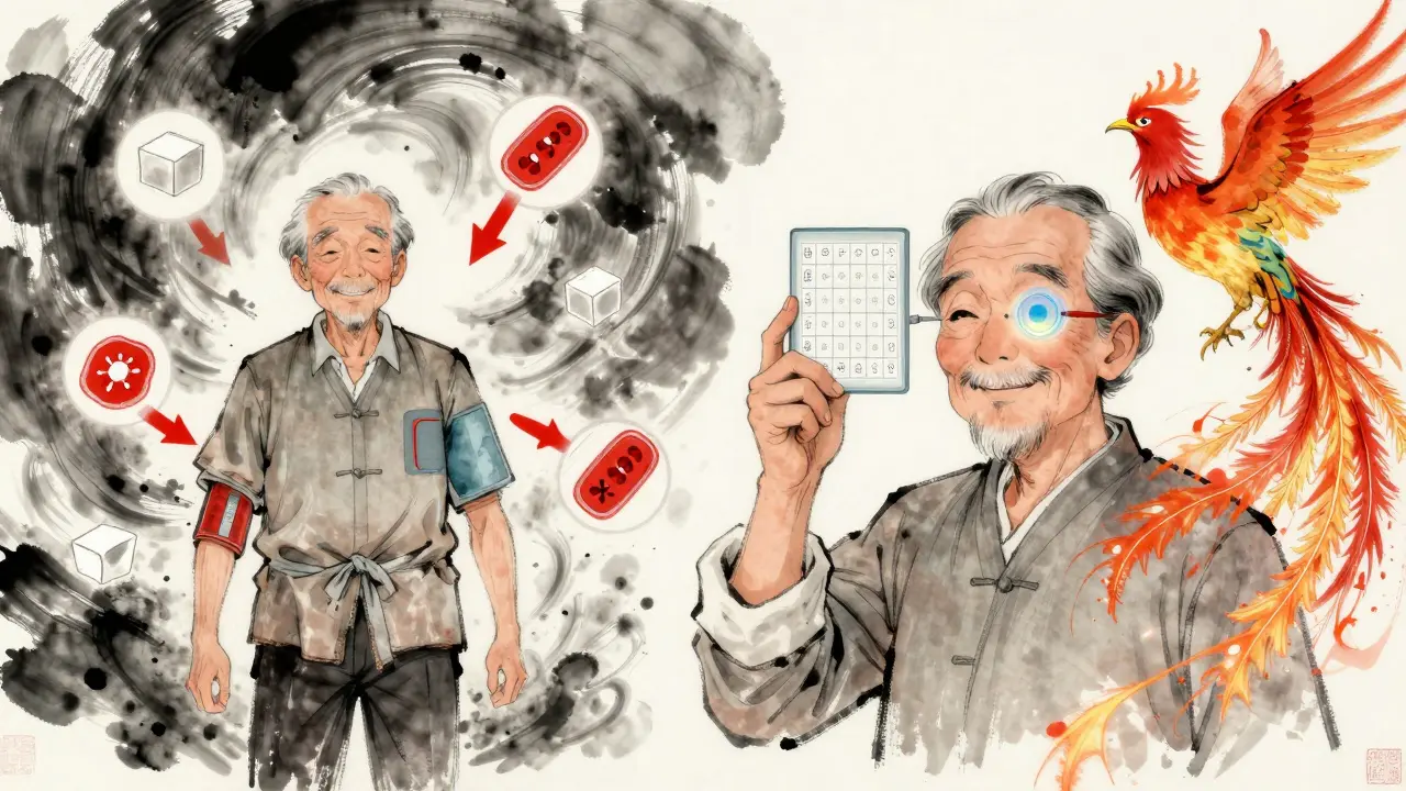 Split scene: a man overwhelmed by health risks on one side, restored vision and healing on the other, with a phoenix rising.