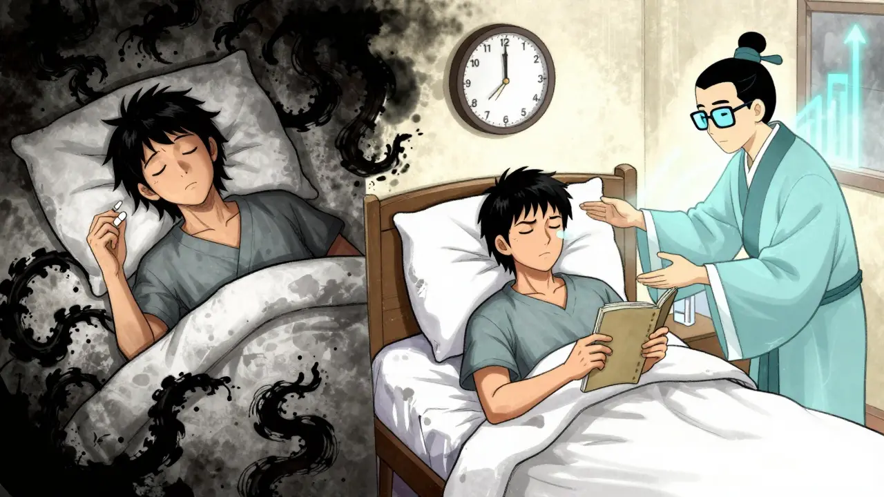 Split scene: one side shows pill dependence with dark shadows, the other shows determination with CBT-I guidance and rising sleep stats.