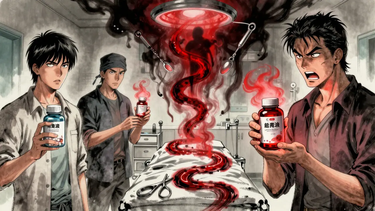 Supplement bottles emitting red mist toward operating table in hospital setting