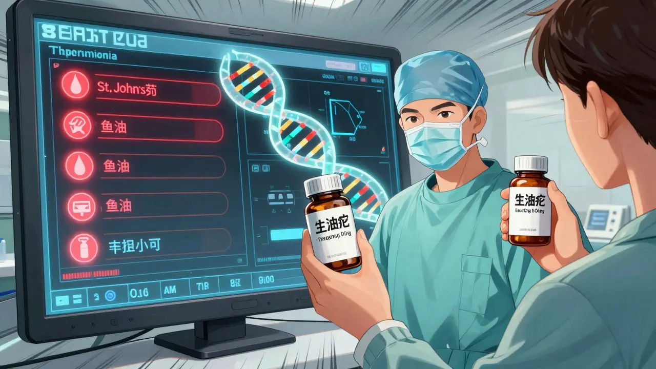 Surgeon reviewing digital alert system while patient shows supplement bottles