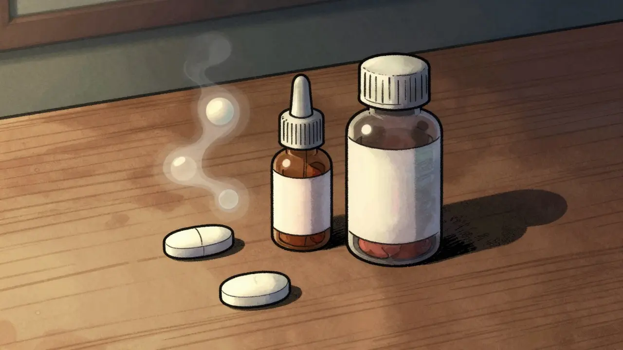 Three forms of riluzole medication with glowing glutamate molecules swirling nearby.