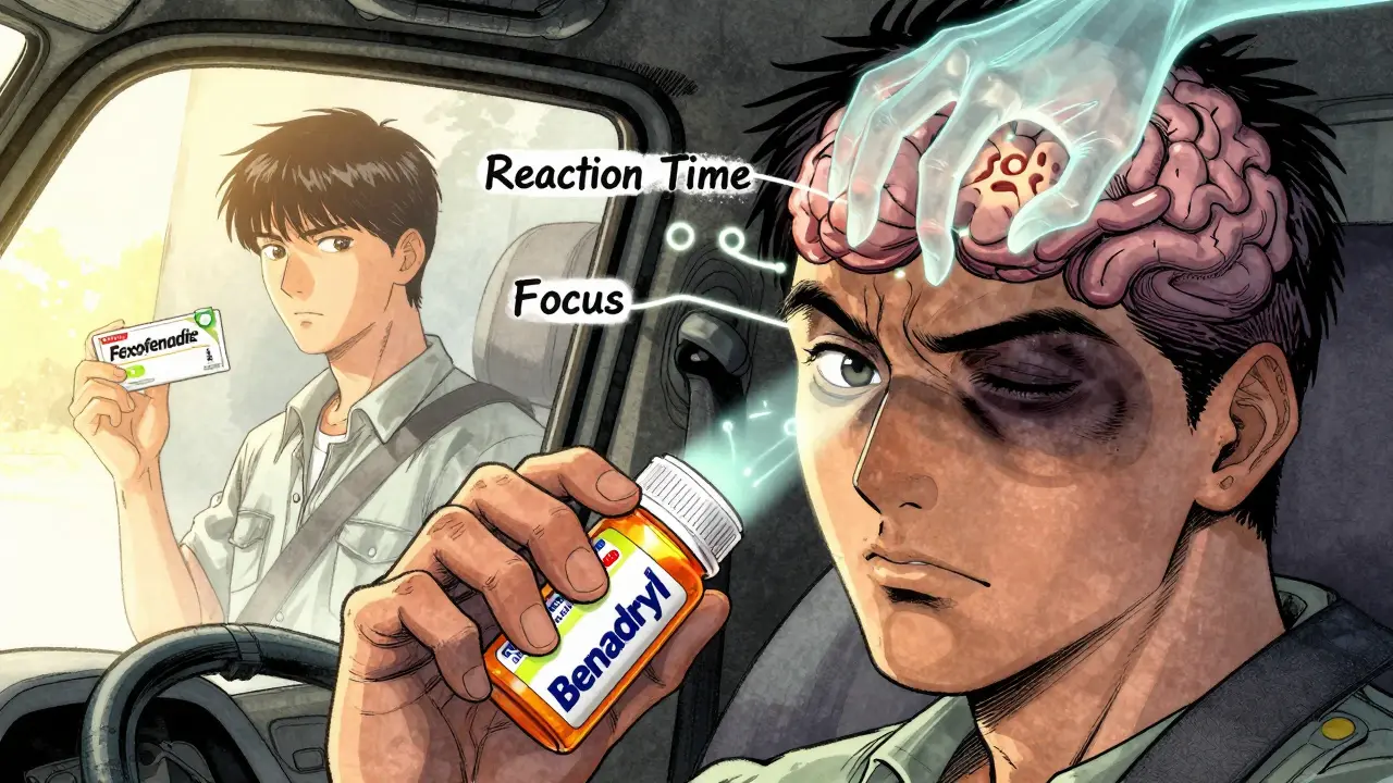 Truck driver at dawn, one side clouded by Benadryl’s effects, the other clear with Allegra, symbolizing alertness.