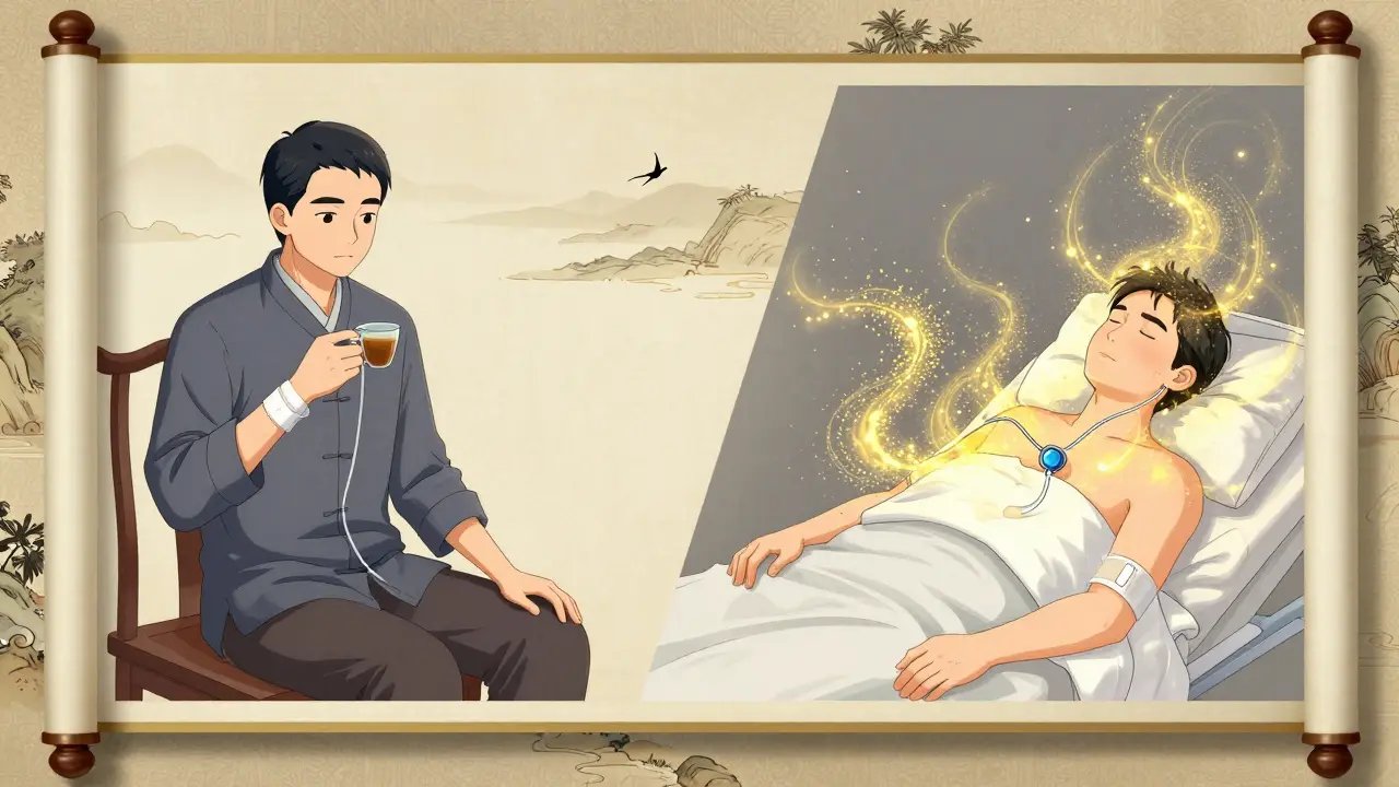 Two contrasting scenes: a patient managing fluid at home with a catheter versus undergoing pleurodesis in hospital.