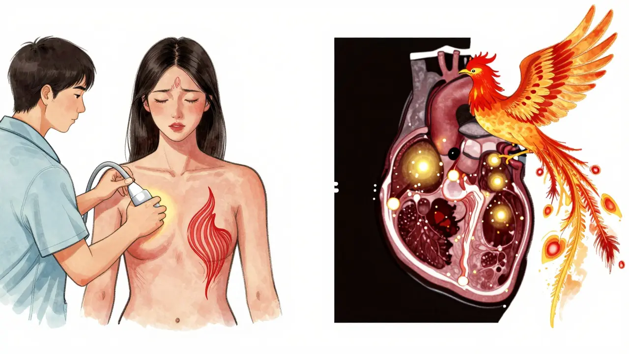 Woman undergoing stress echocardiogram with glowing heart waves, contrasted with nuclear scan highlights.