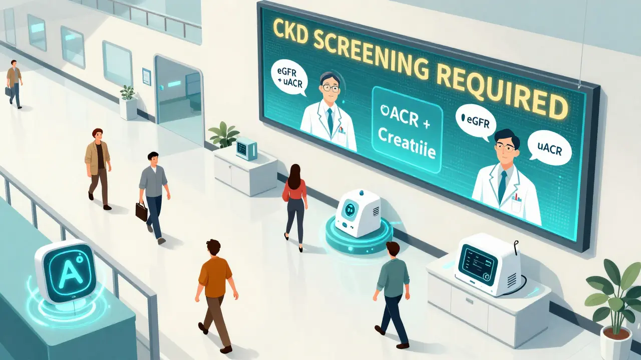 A clinic hallway with a digital dashboard prompting dual kidney tests, doctors and patients surrounded by health icons.