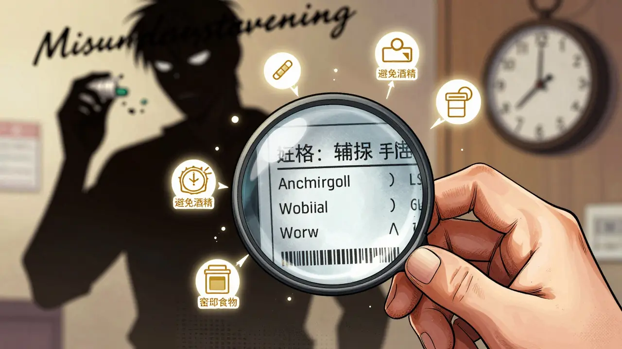 A hand holds a pill bottle as a magnifying glass reveals detailed label elements like expiration date and warning stickers, with a shadowy figure of misunderstanding behind.