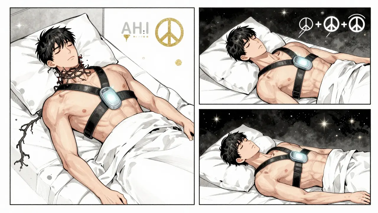 A man using a positional therapy device, shown in split-panel Chinese manhua style with breathing contrasts.