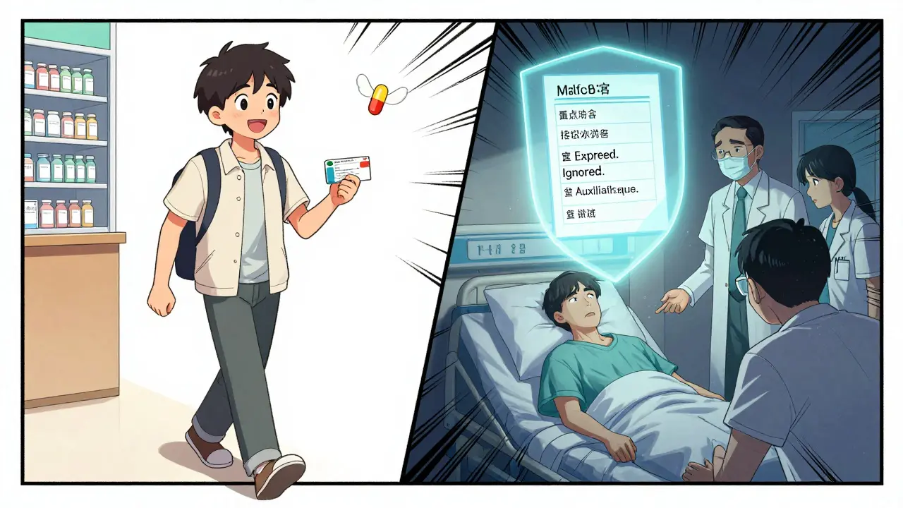 A person walks confidently from a pharmacy while another lies in a hospital bed; a glowing checklist hovers above like a shield, in contrasting manhua panels.