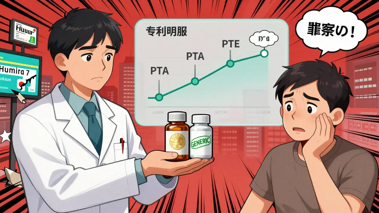 A pharmacist gives a patient brand and generic pills, with a timeline showing patent expiration and legal delays.