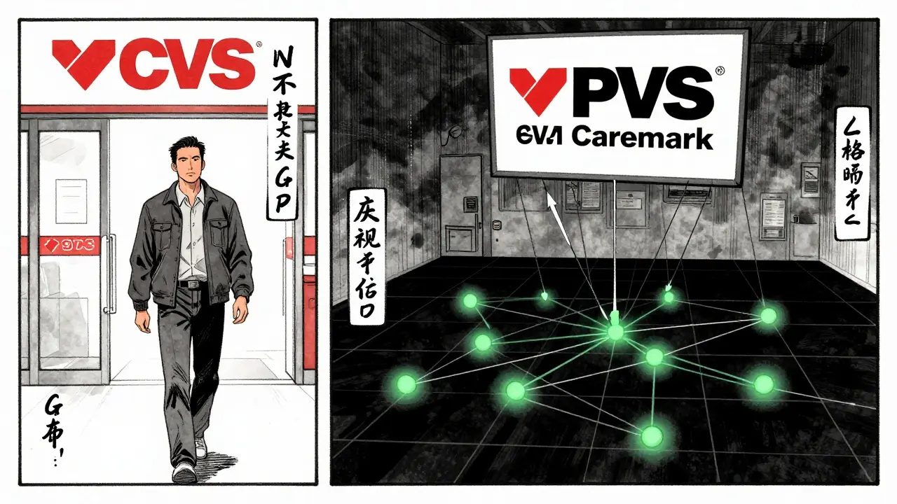 A split-panel illustration showing a hidden pharmacy network map with only a few in-network pharmacies lit, controlled by a giant PBM puppeteer.