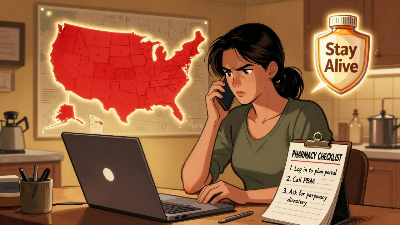 A woman checking her pharmacy network on a laptop with a checklist, while a U.S. map shows warning zones over pharmacies.
