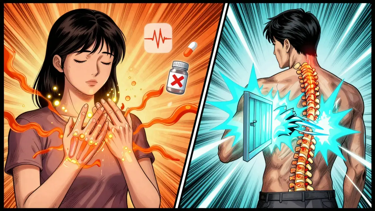 A woman with arthritis experiences endorphin release from low-frequency TENS, while another patient blocks pain signals with high-frequency pulses.