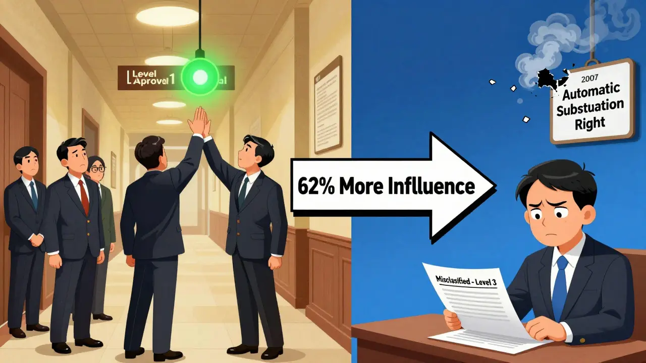 Contrasting scenes of Republican approval and Democratic frustration over substitution rules, with a giant arrow showing majority party influence.