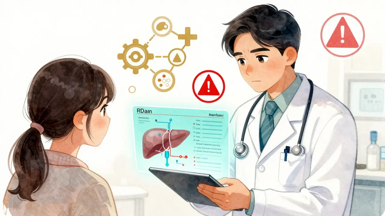 Doctor and pharmacist reviewing a genetic report with drug pathway visuals, highlighting safe and risky medication responses.