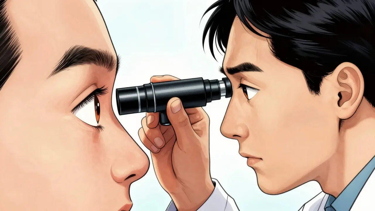 Doctor performing gonioscopy exam to check eye drainage angle.