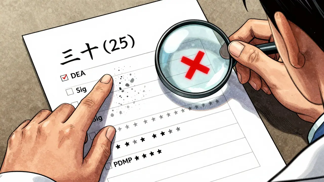 Hands comparing written and numeric quantities on a prescription, with erasures and checklist visible.