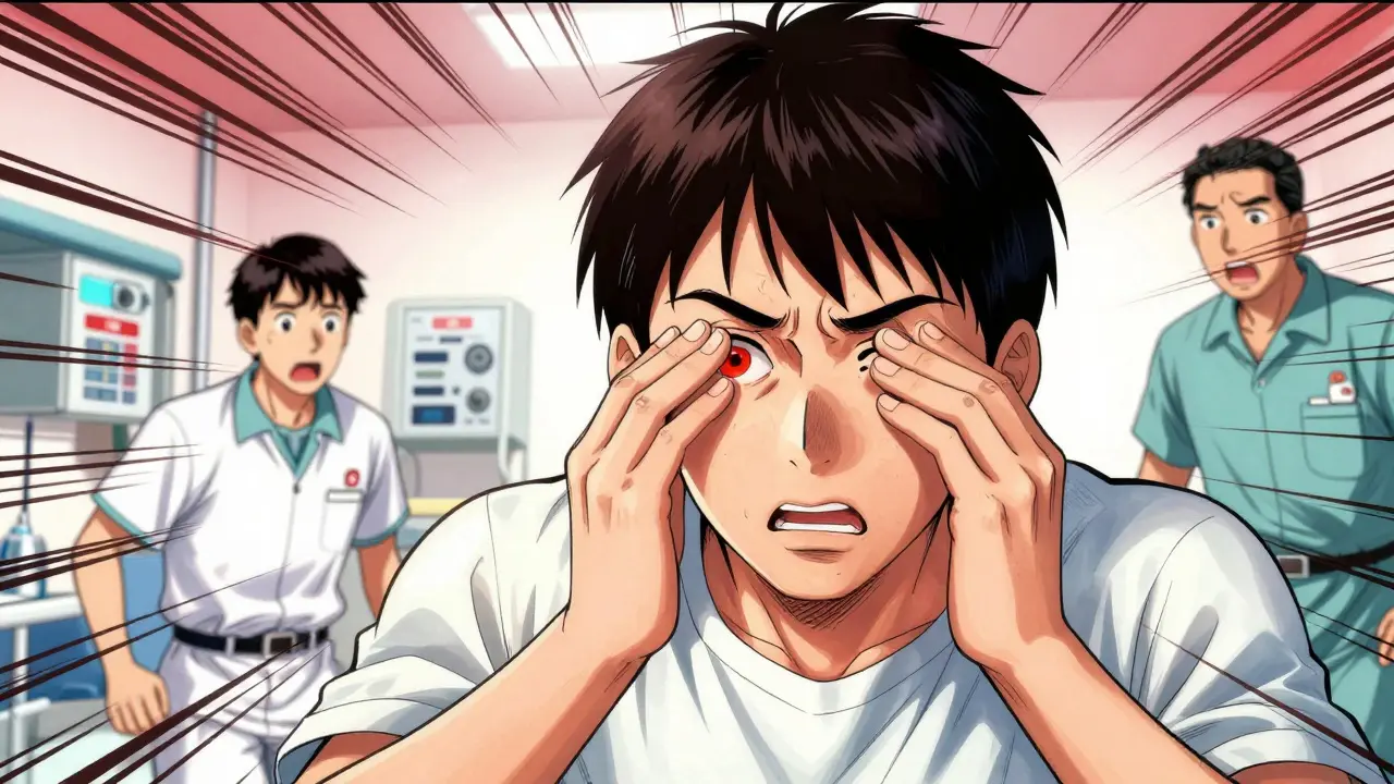 Patient in emergency room with medical staff treating acute eye condition.