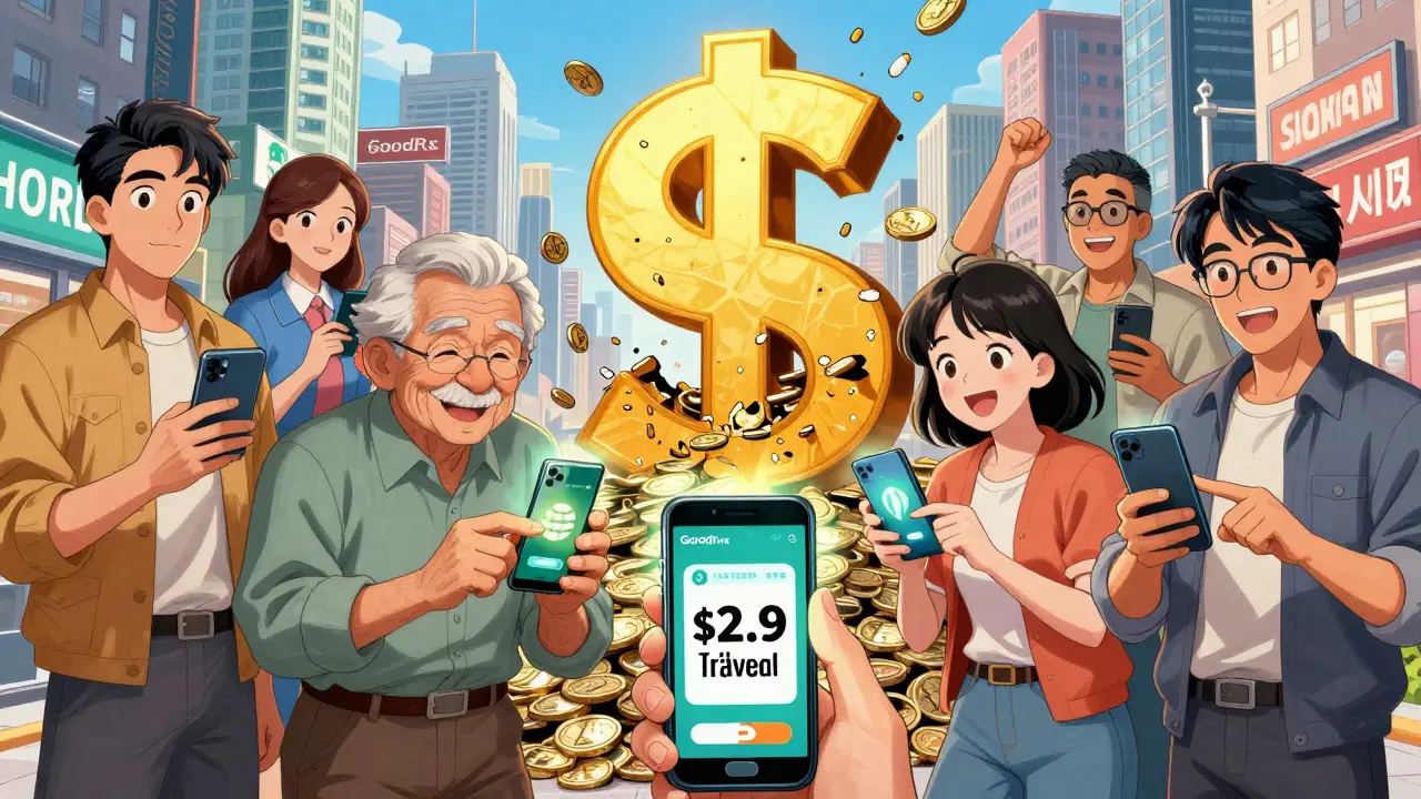 People comparing drug prices on phones as a giant dollar sign turns into coins labeled '2.9 Trillion Saved'.