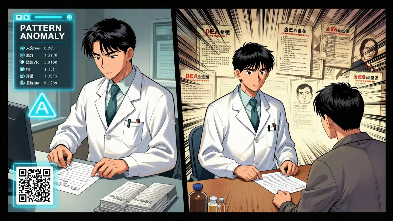 Pharmacist scanning QR code while AI alert flashes; refusing a script as legal warnings loom behind.