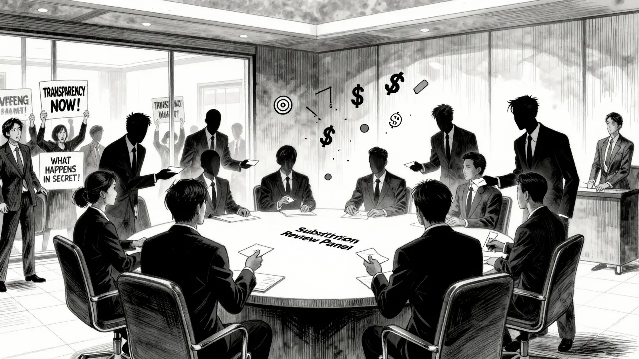 Shadowy lobbyists handing envelopes to committee members in a secret room, while citizens outside demand transparency through protest signs.