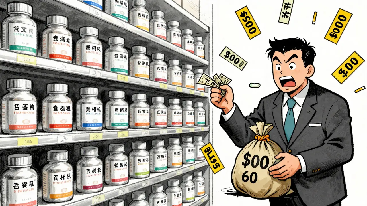 Shelf of generic drug bottles with a PBM secretly profiting from price differences.