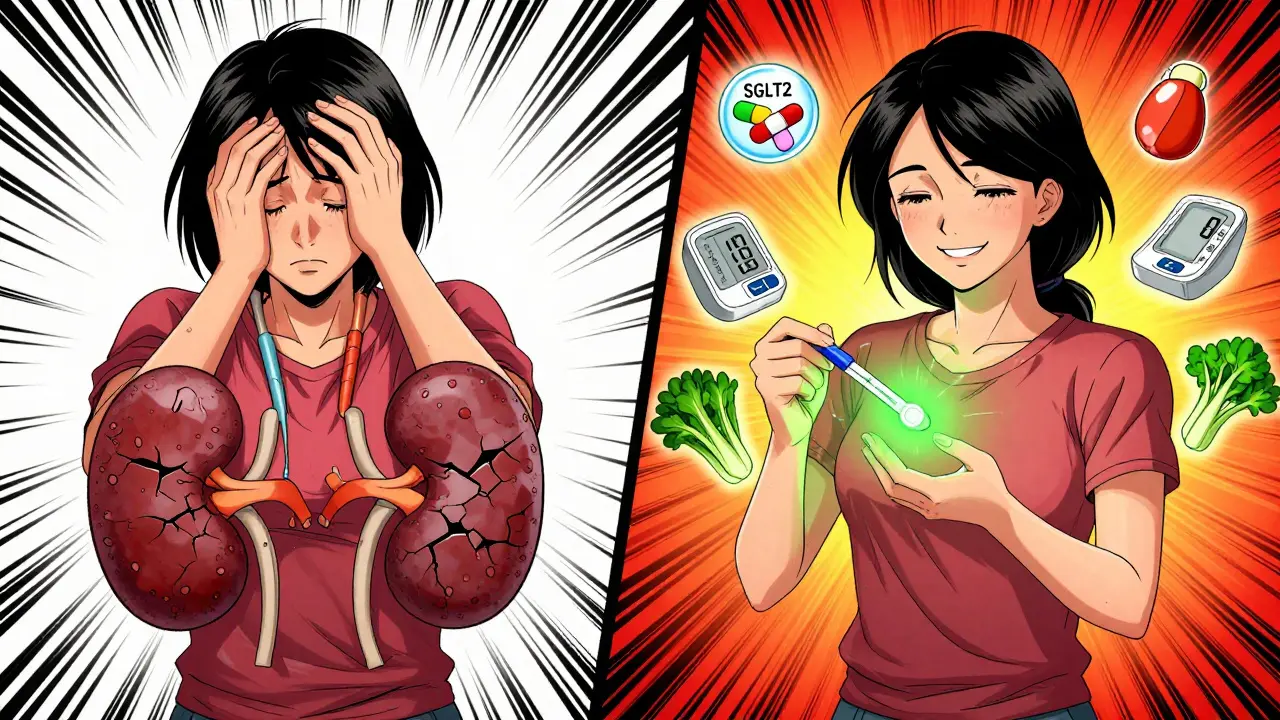 Split scene: one side shows declining health, the other shows proactive kidney care with pills, monitor, and food.