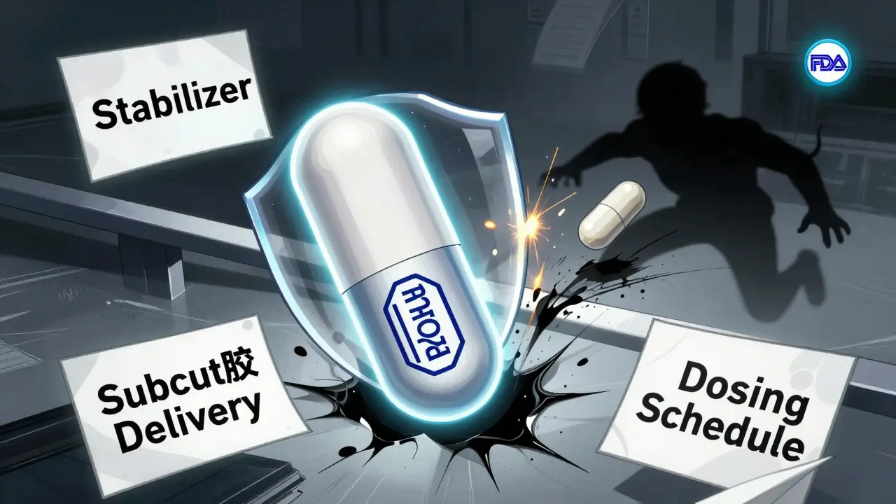 A branded drug capsule defends itself against generic pills using floating patent barriers in Chinese manhua art style.
