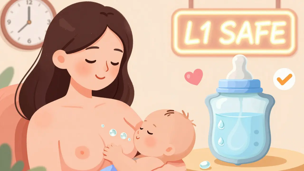 A breastfeeding mother takes safe pain medication while tiny droplets of medicine drift away from her chest toward a baby bottle shield.