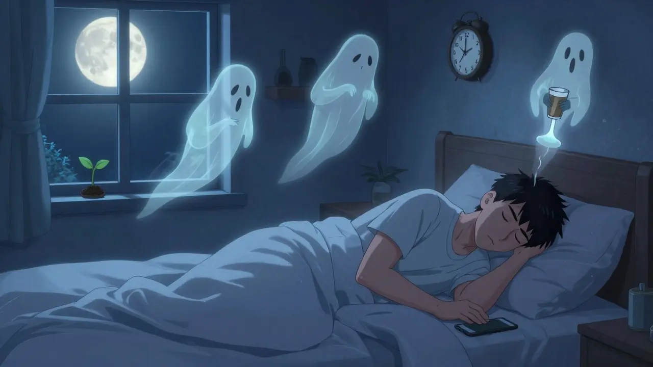 A man sleeping peacefully as stress, alcohol, and poor sleep fade away, with a turned-off phone beside the bed.