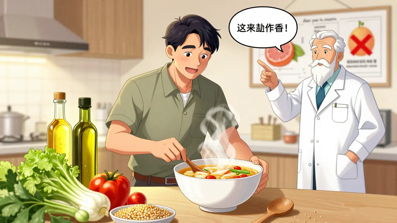 A man swapping processed food for healthy broth, with a pharmacist guiding him and warning signs for grapefruit.