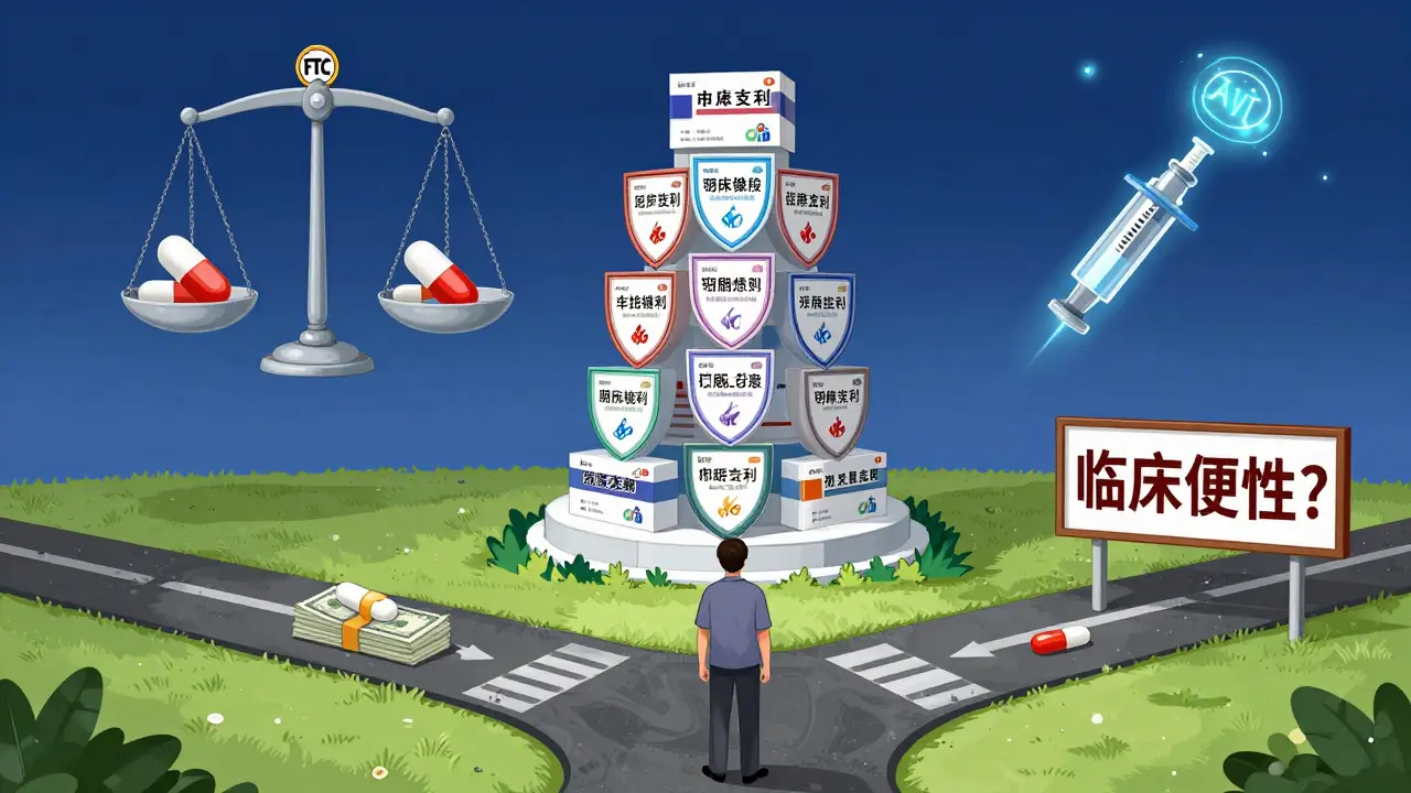 A patient faces a choice between expensive branded drugs and generics, with patent shields and FTC oversight in manhua style.