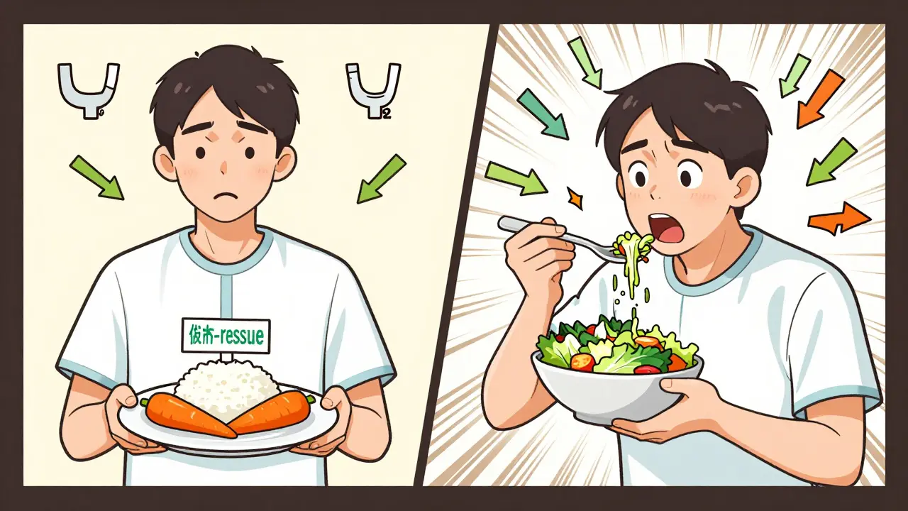 A person on a low-residue diet eating simple foods as bowel movement icons decrease dramatically.