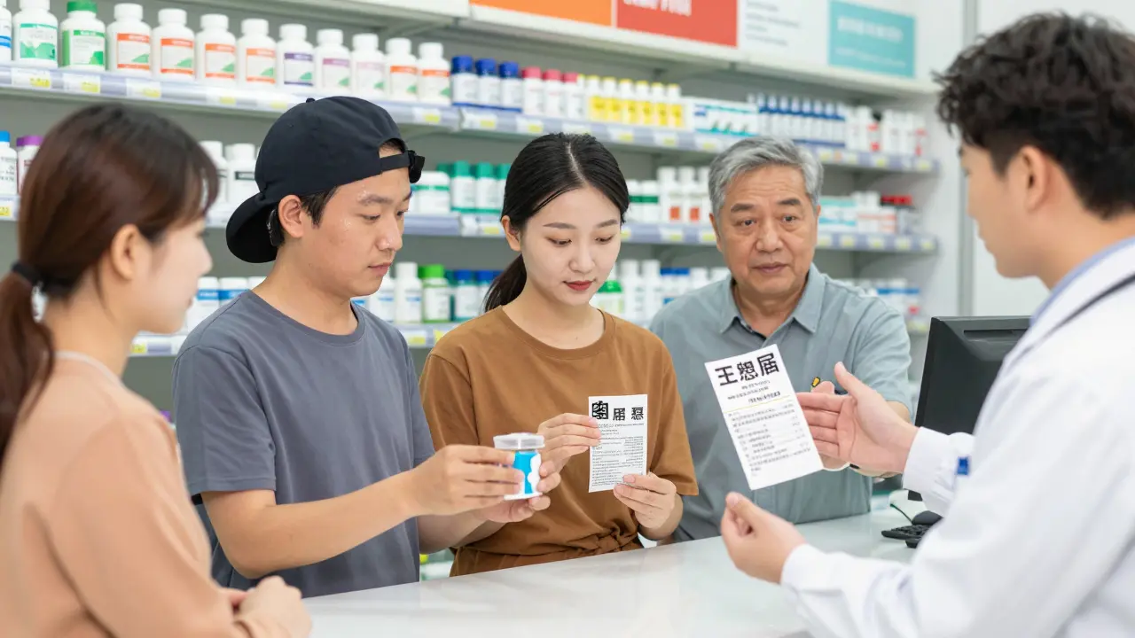 A pharmacist hands a patient large-print labels and a talking pill dispenser at the pharmacy counter.
