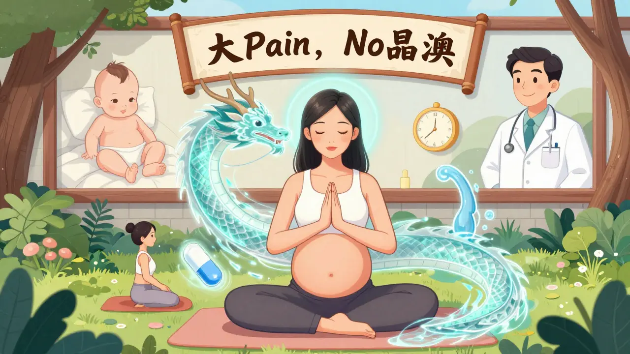 A pregnant woman meditates in a garden as a glowing dragon wraps around her, symbolizing stress relief and natural migraine prevention.